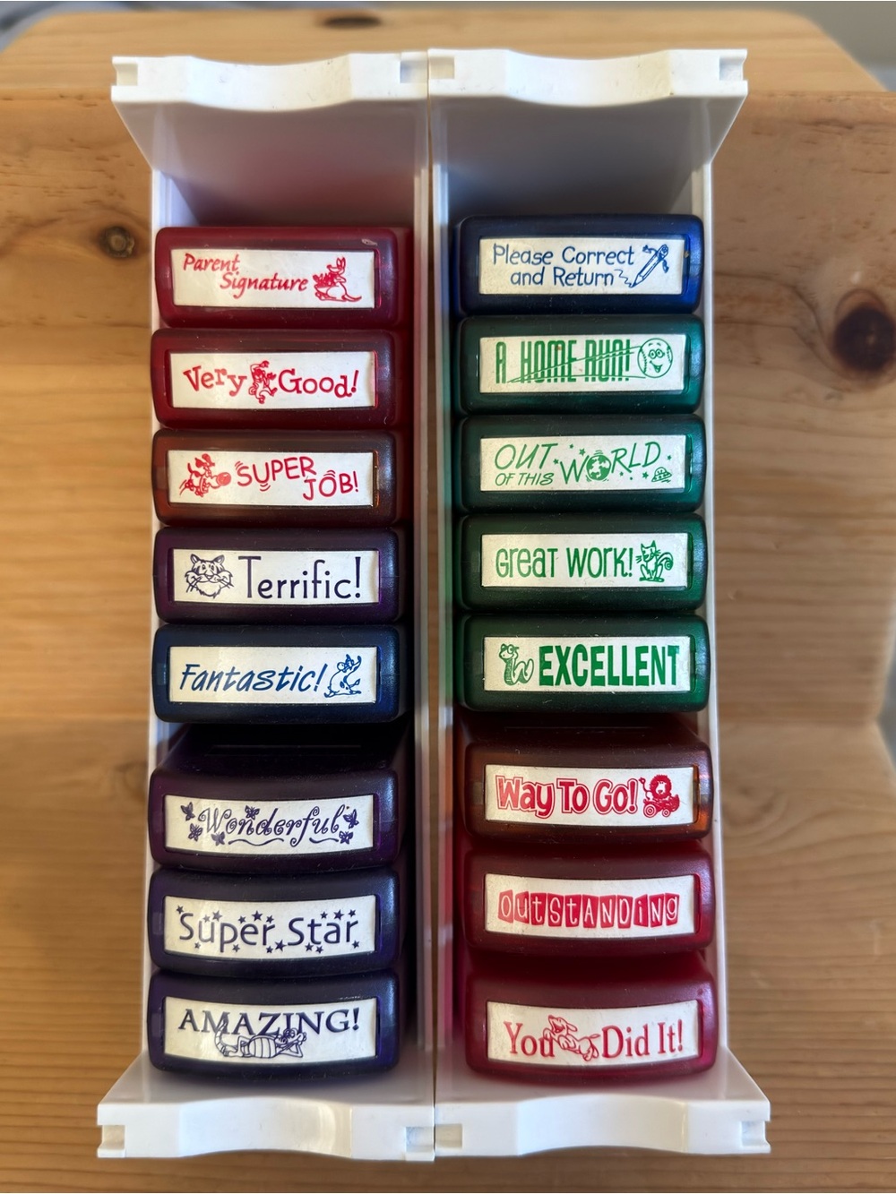 Vintage Stamp Set of 16 Assorted Teacher Reward Phrases Self Inking With Cases